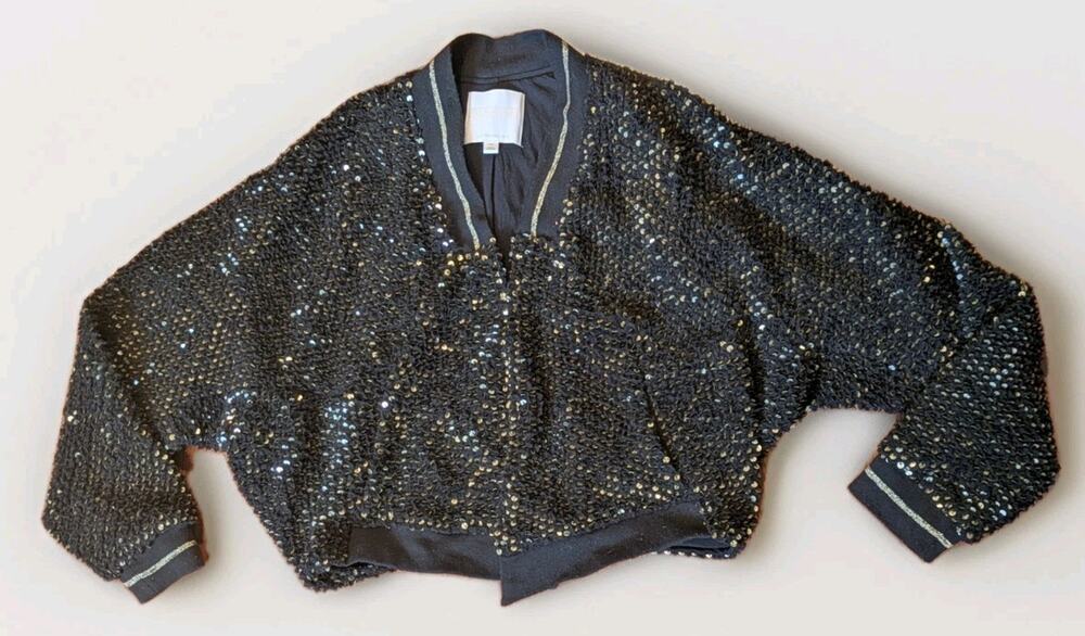 Ett twa Anthropologie Sequin Jacket Womens XS Black Gold Textured Knit